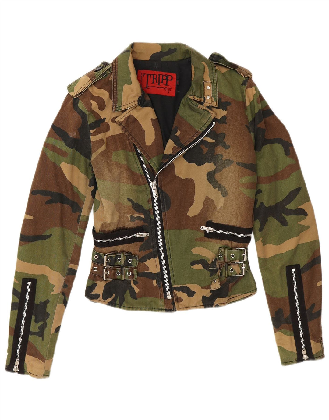 TRIPP NYC Womens Crop Military Jacket UK 10 Small Khaki Camouflage Cotton