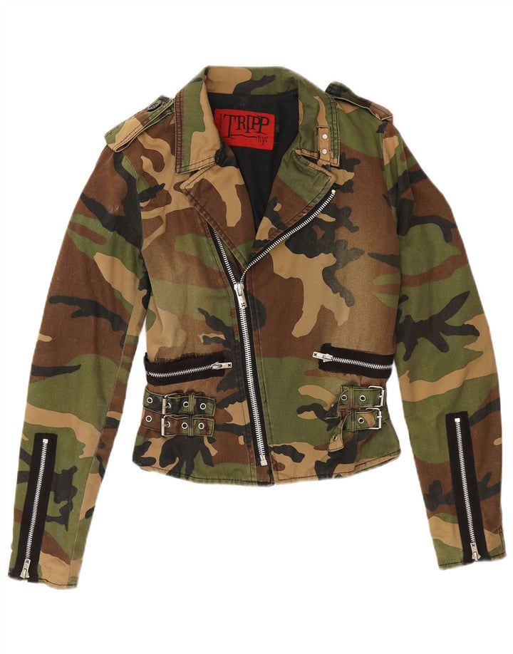 TRIPP NYC Womens Crop Military Jacket UK 10 Small Khaki Camouflage Cotton