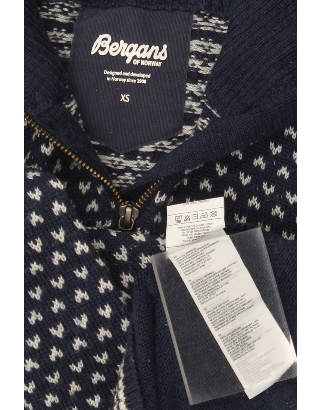 BERGANS Mens Zip Neck Jumper Sweater XS Navy Blue Geometric Wool