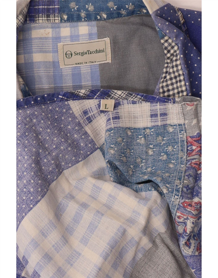 Sergio Tacchini Mens Short Sleeve Shirt Large Blue Patchwork