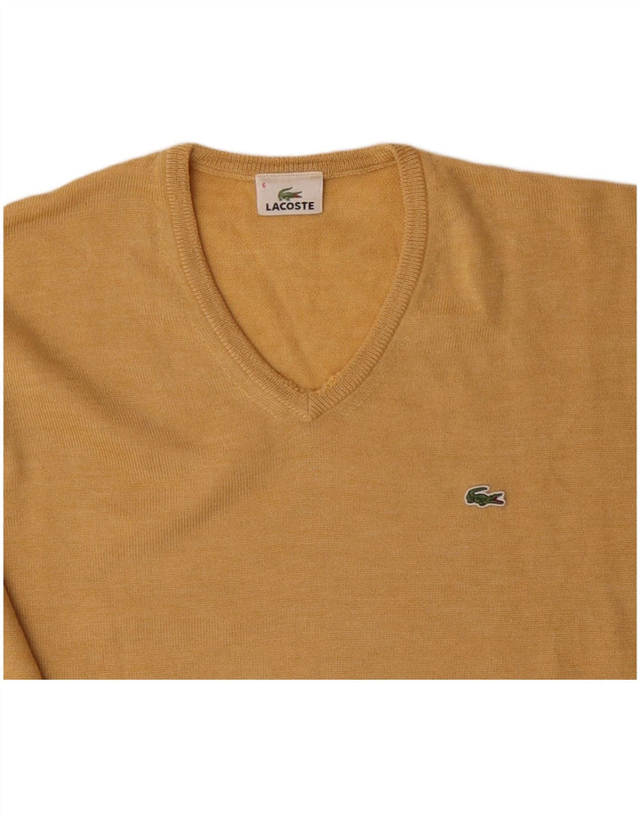 LACOSTE Mens V-Neck Jumper Sweater Size 6 XL Yellow Virgin Wool