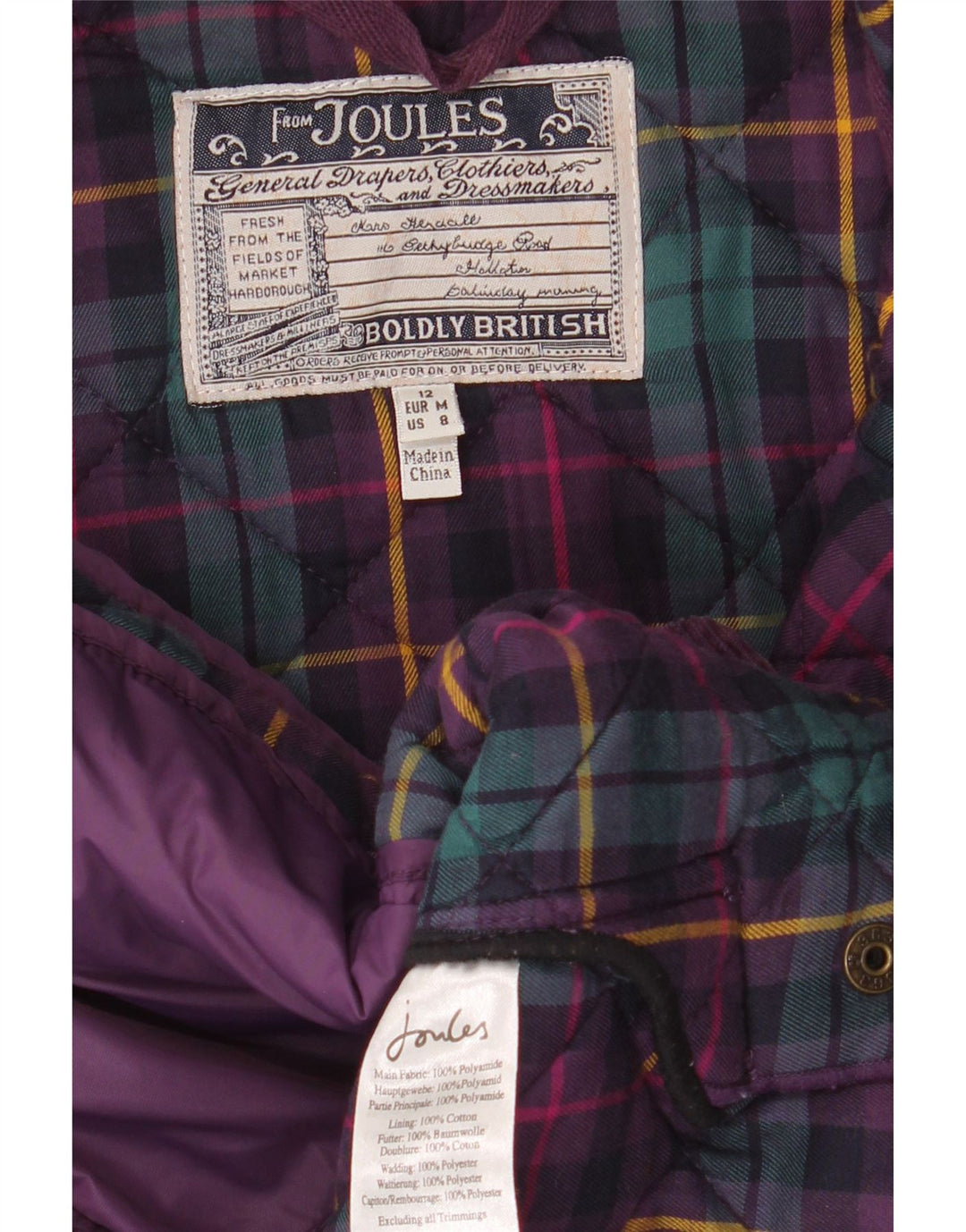 JOULES Womens Quilted Jacket UK 12 Medium Purple Polyamide