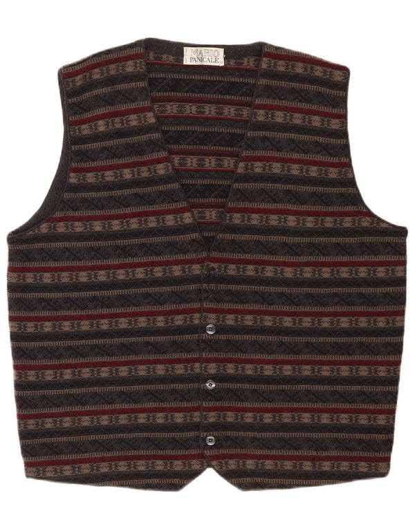 Vintage Mens Knit Waistcoat Medium Grey Fair Isle Virgin Wool