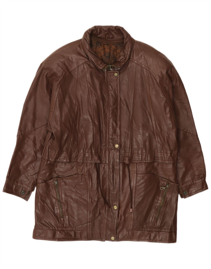 VINTAGE Womens Leather Coat UK 14 Large Brown
