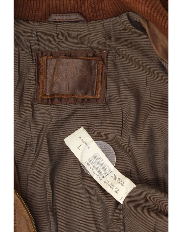 Bershka Womens Leather Bomber Jacket UK 14 Large Brown Leather