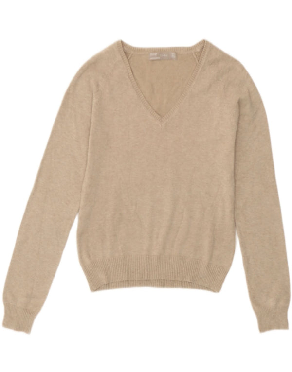 Zara Womens Crop V-Neck Jumper Sweater UK 10 Small Beige Cotton