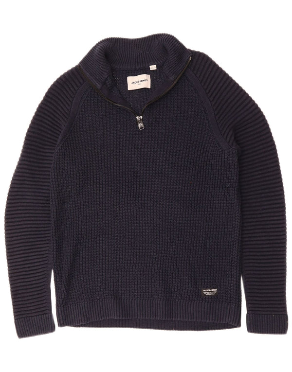 JACK & JONES Mens Zip Neck Jumper Sweater Large Navy Blue Cotton