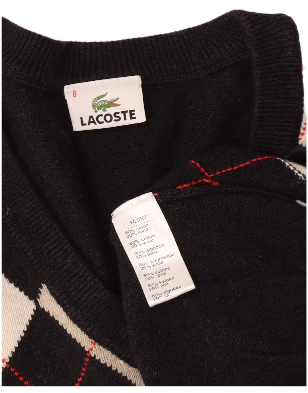 LACOSTE Mens V-Neck Jumper Sweater Size 8 3XL Black Argyle/Diamond Cotton