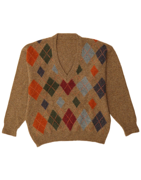 Vintage Mens V-Neck Jumper Sweater Medium Brown Argyle/Diamond