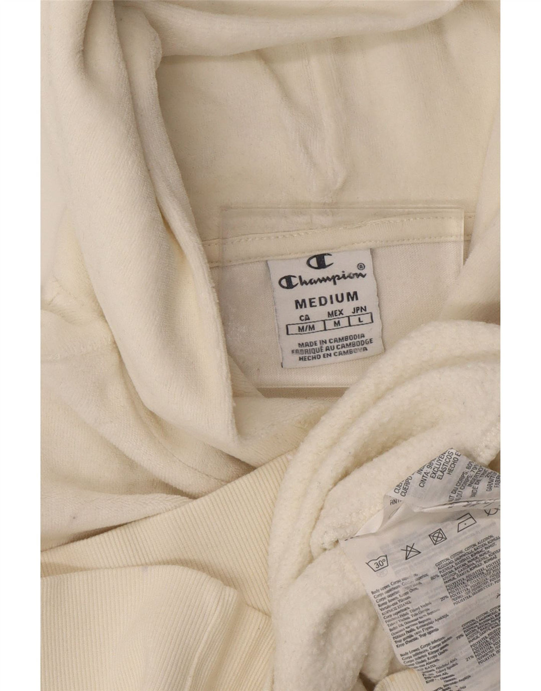 CHAMPION Womens Graphic Hooded Fleece Jumper UK 14 Medium Off White Cotton