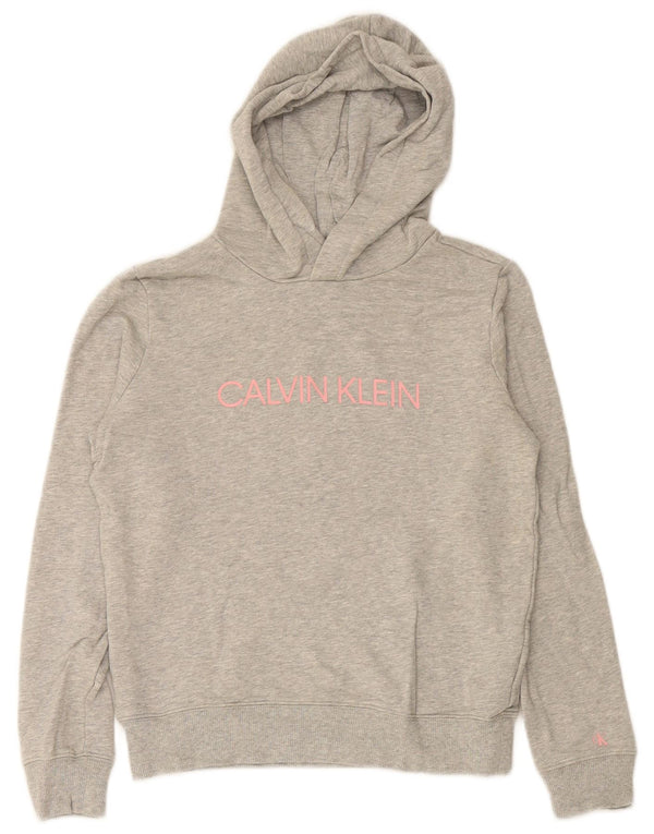 CALVIN KLEIN JEANS Girls Graphic Hoodie Jumper 11-12 Years Grey Cotton