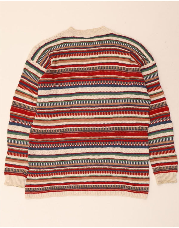 VINTAGE Mens Crew Neck Jumper Sweater Medium Multicoloured Striped Acrylic