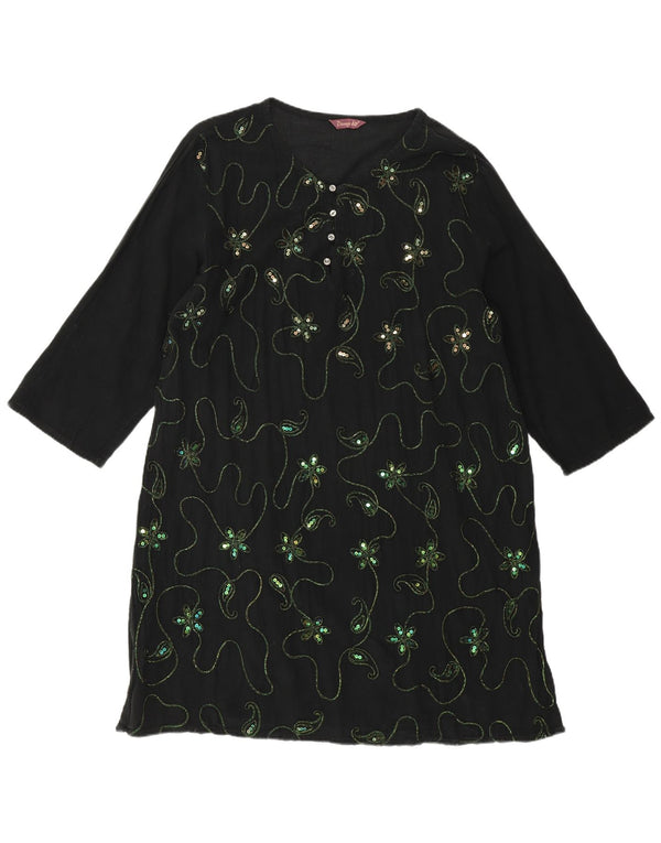 VINTAGE Womens 3/4 Sleeve Tunic Dress UK 18 XL Black Floral