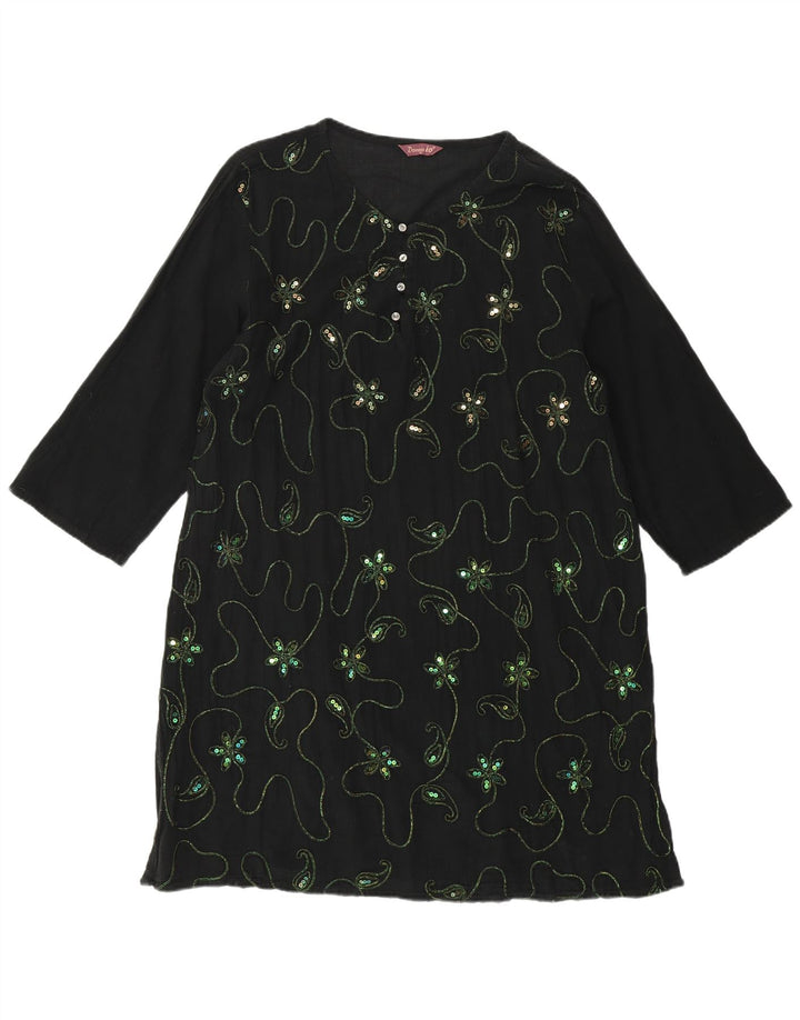 VINTAGE Womens 3/4 Sleeve Tunic Dress UK 18 XL Black Floral