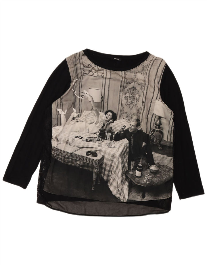 ELENA MIRO Womens Graphic Top Long Sleeve UK 18 XL Black