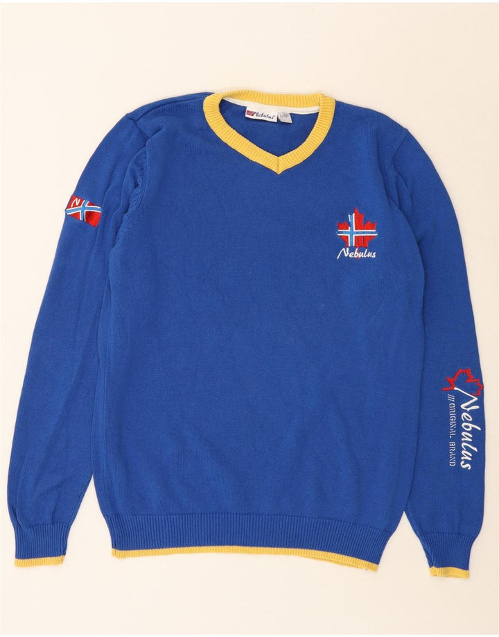 NEBULUS Mens Graphic V-Neck Jumper Sweater Large Blue Cotton