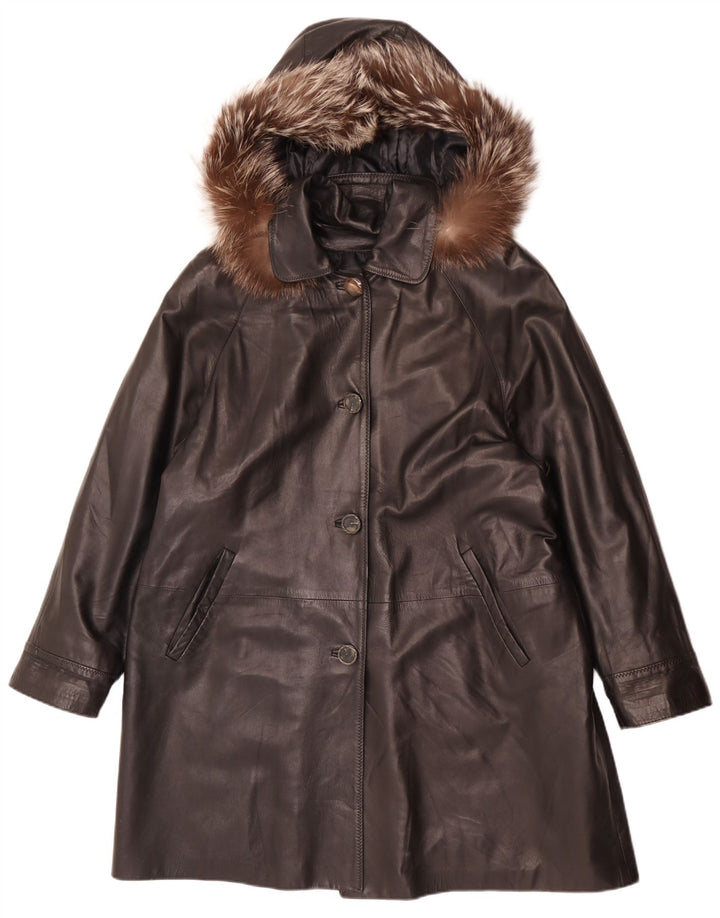 VINCENT Womens Hooded Oversized Leather Coat IT 42 Medium Black Leather