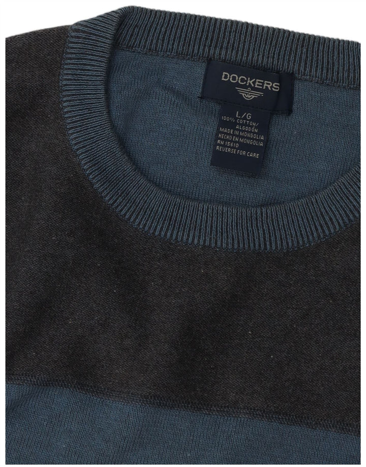 DOCKERS Mens Crew Neck Jumper Sweater Large Blue Colourblock Cotton