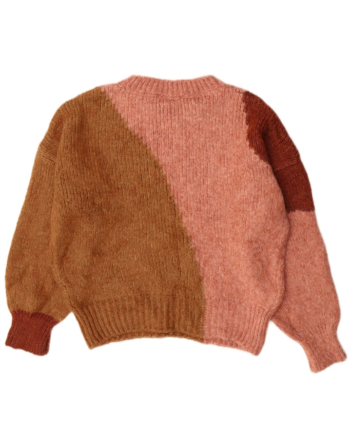 ZARA Womens Crew Neck Jumper Sweater UK 14 Medium Pink Colourblock Acrylic