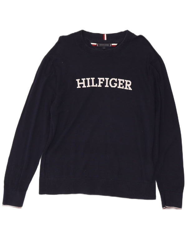 Tommy Hilfiger Mens Graphic Boat Neck Jumper Sweater Large Navy Blue Cotton