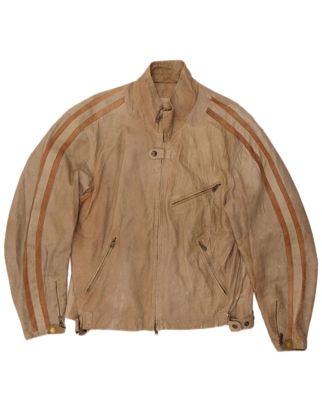 ANDREA D'AMICO Mens Leather Racer Jacket IT 56 XL Beige Leather