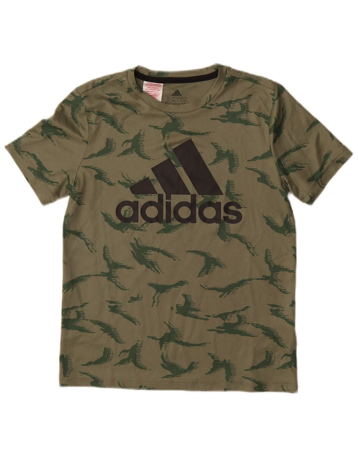 ADIDAS Boys Graphic T-Shirt Top 11-12 Years Green Camouflage Polyester