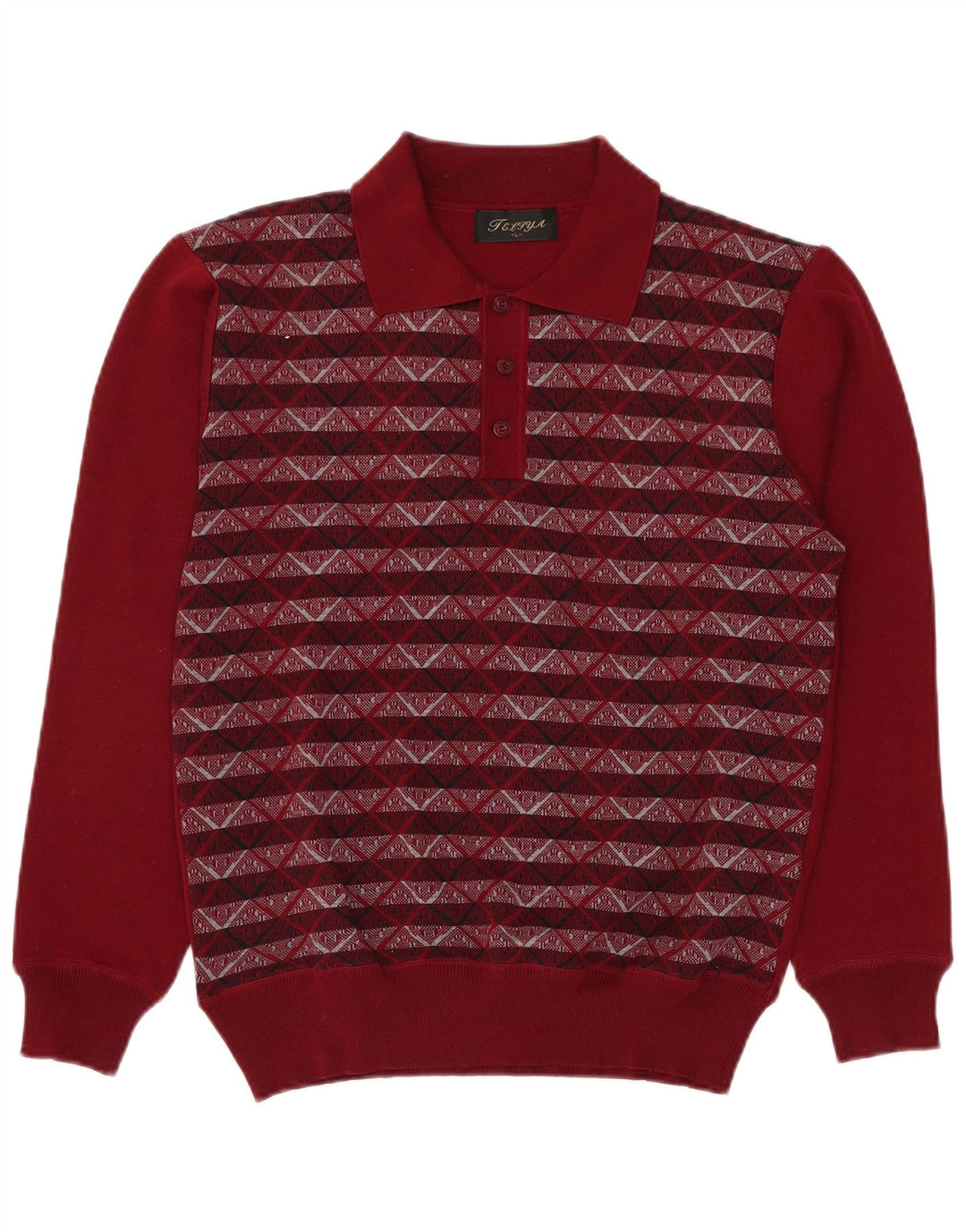 VINTAGE Mens Polo Neck Jumper Sweater Large Burgundy Geometric