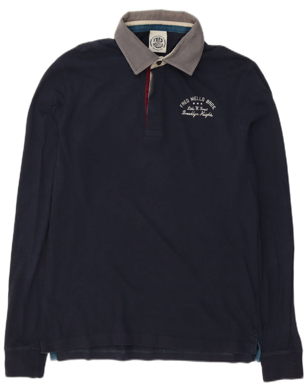 Fred Mello Mens Graphic Long Sleeve Rugby Polo Shirt Medium Navy Blue