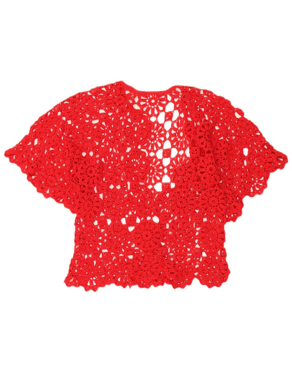 VINTAGE Womens Short Sleeve Crochet Cardigan Top UK 12 Medium Red Floral