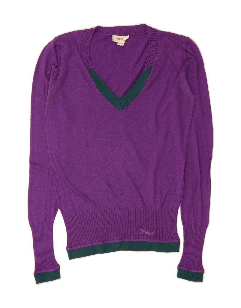 DIESEL Womens Oversized V-Neck Jumper Sweater UK 6 XS Purple Colourblock Vintage Diesel and Second-Hand Diesel from Messina Hembry 
