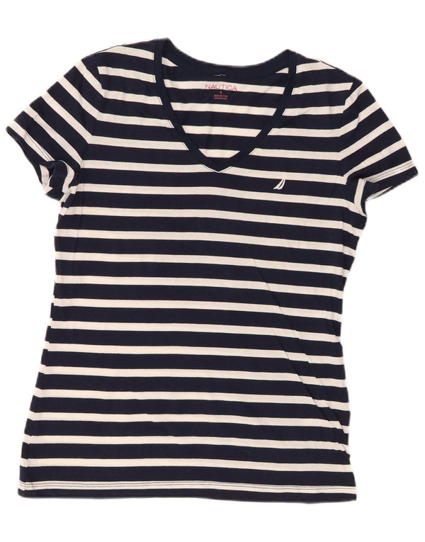 Nautica Womens T-Shirt Top UK 10 Small Navy Blue Striped Cotton