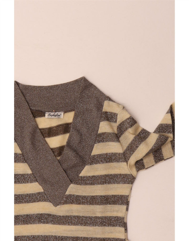 SOPHYLINE Womens V-Neck Jumper Sweater UK 8 Small Beige Striped Polyester