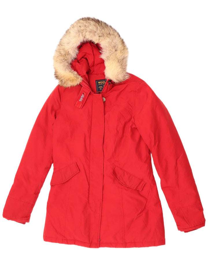 Woolrich Womens Hooded Padded Jacket UK 10 Small Red Cotton