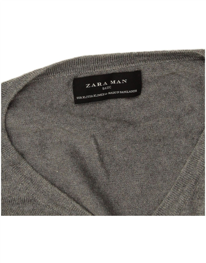 Zara Mens V-Neck Jumper Sweater XL Grey