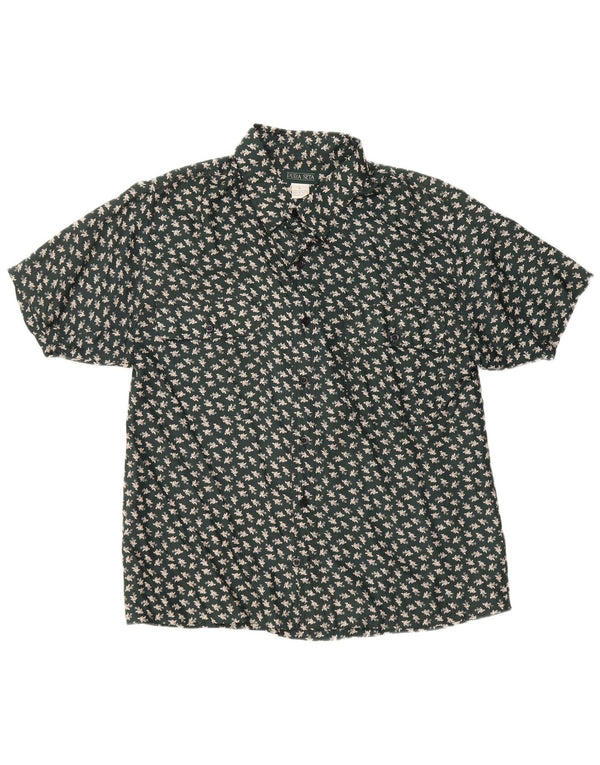 Vintage Mens Short Sleeve Shirt Large Green Floral Silk