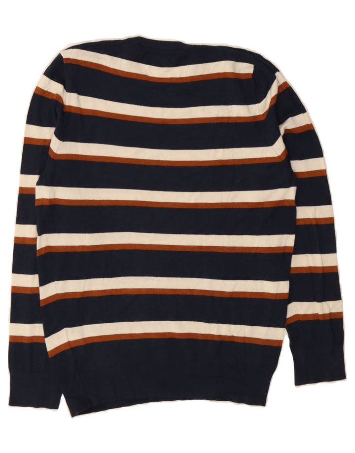 ZARA Mens Crew Neck Jumper Sweater Medium Navy Blue Striped Viscose Vintage Zara and Second-Hand Zara from Messina Hembry 