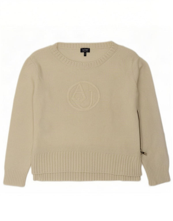 Armani Womens Graphic Boat Neck Jumper Sweater EU 42 Large Off White Wool
