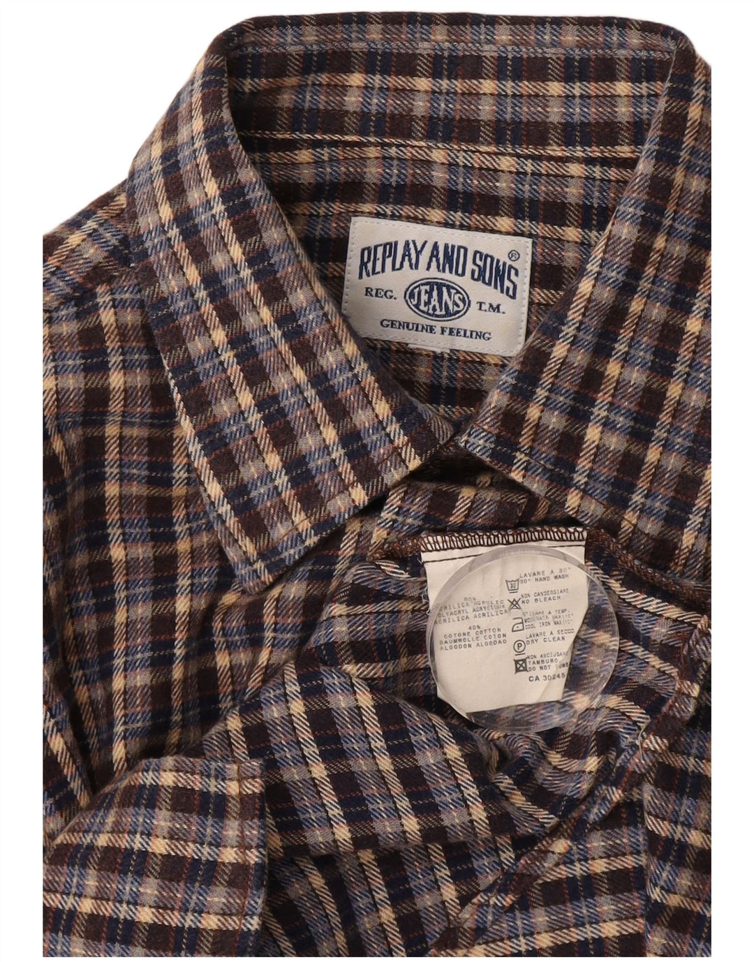 REPLAY Mens Flannel Shirt Large Navy Blue Check Acrylic