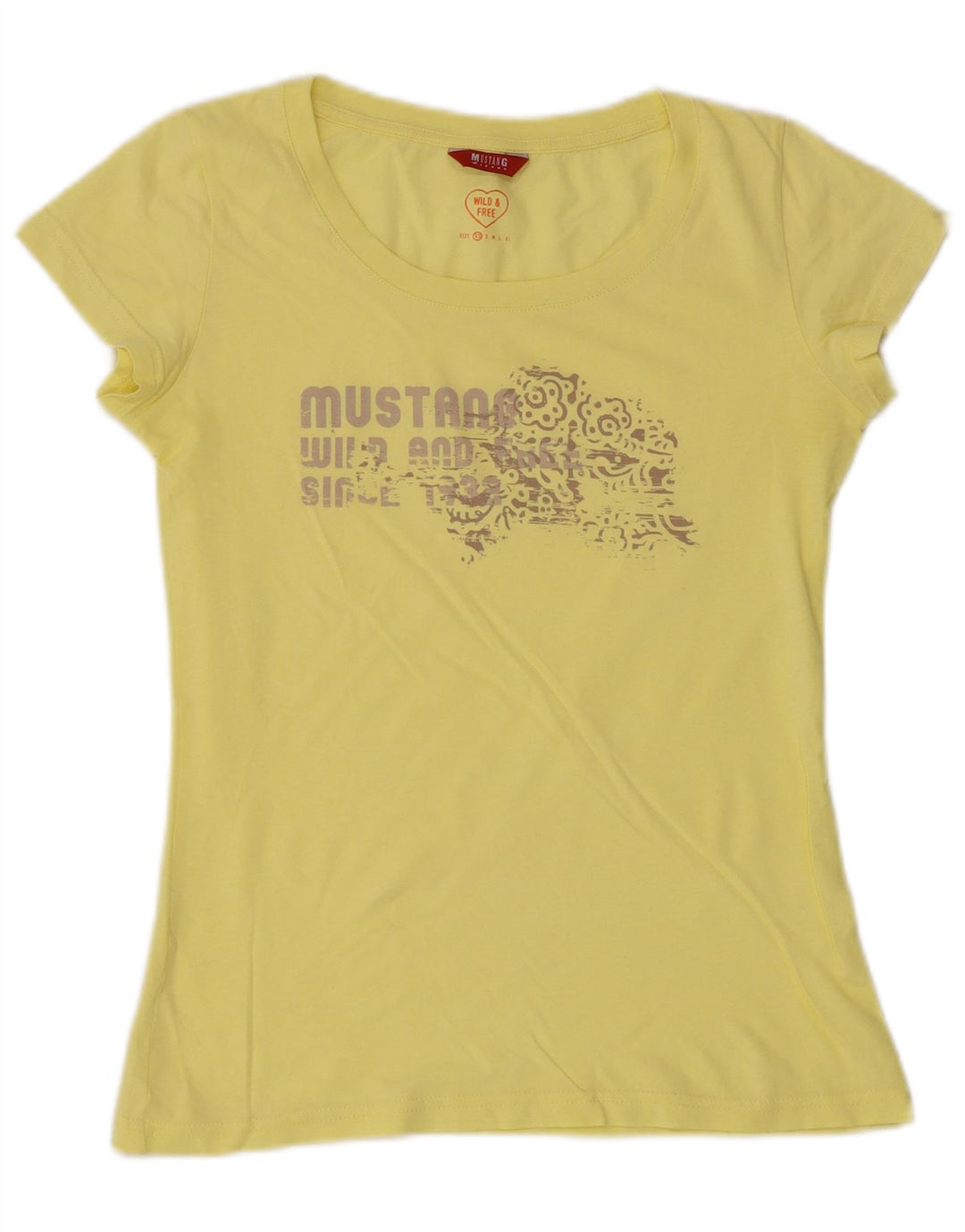 MUSTANG Womens Graphic T-Shirt Top UK 6 XS Yellow