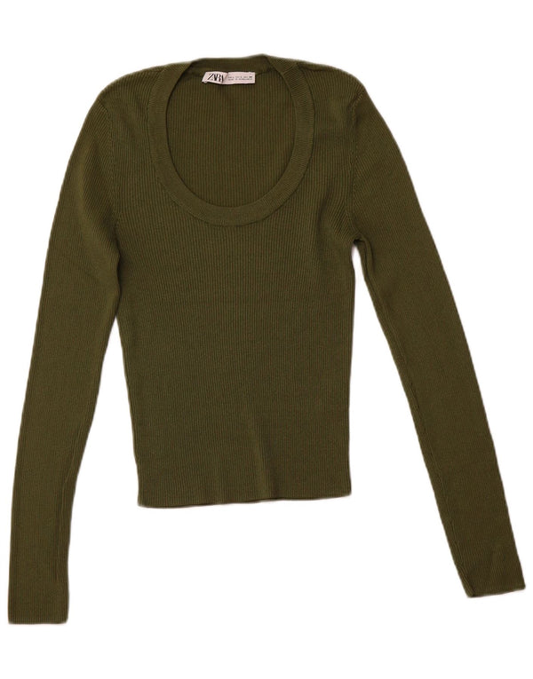 ZARA Womens Crop Top Long Sleeve UK 14 Large Khaki Viscose