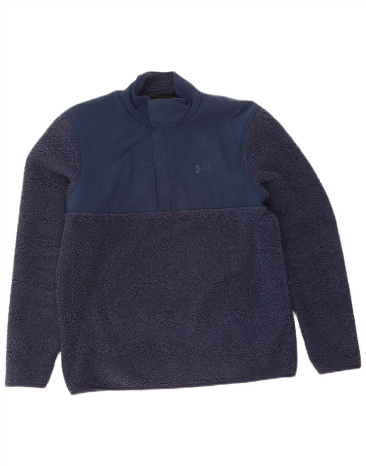 Under Armour Mens Button Neck Fleece Jumper Large Navy Blue Polyester