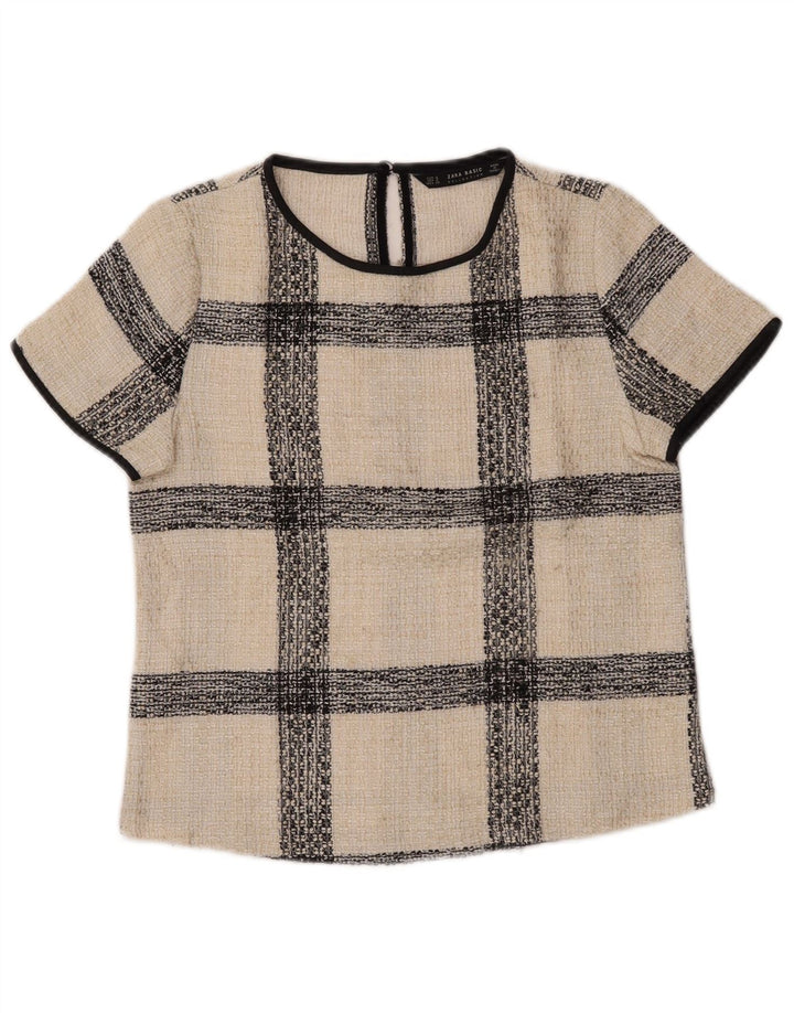 Zara Womens Blouse Top UK 10 Small Off White Check Acrylic