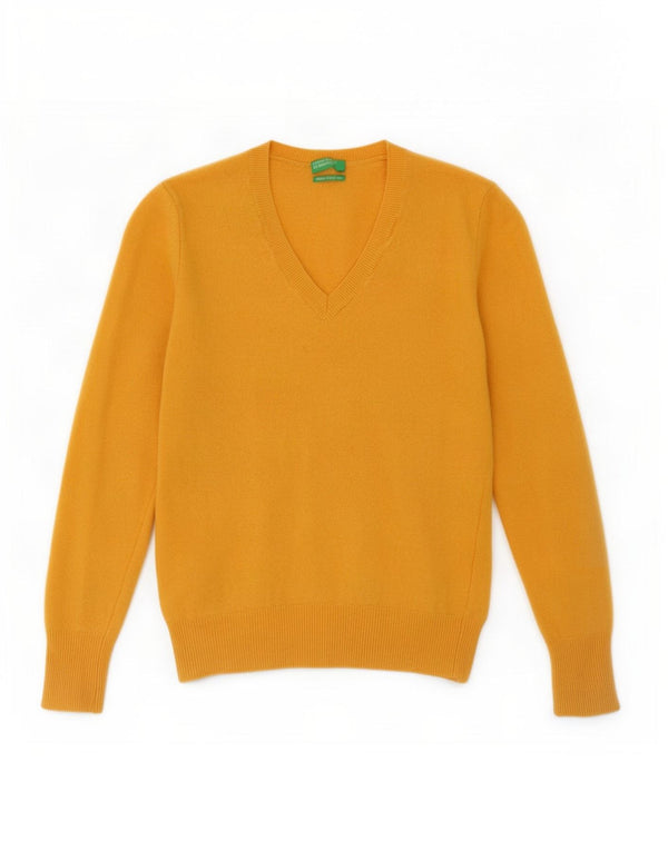 Benetton Girls V-Neck Jumper Sweater 9-10 Years Small Yellow Virgin Wool
