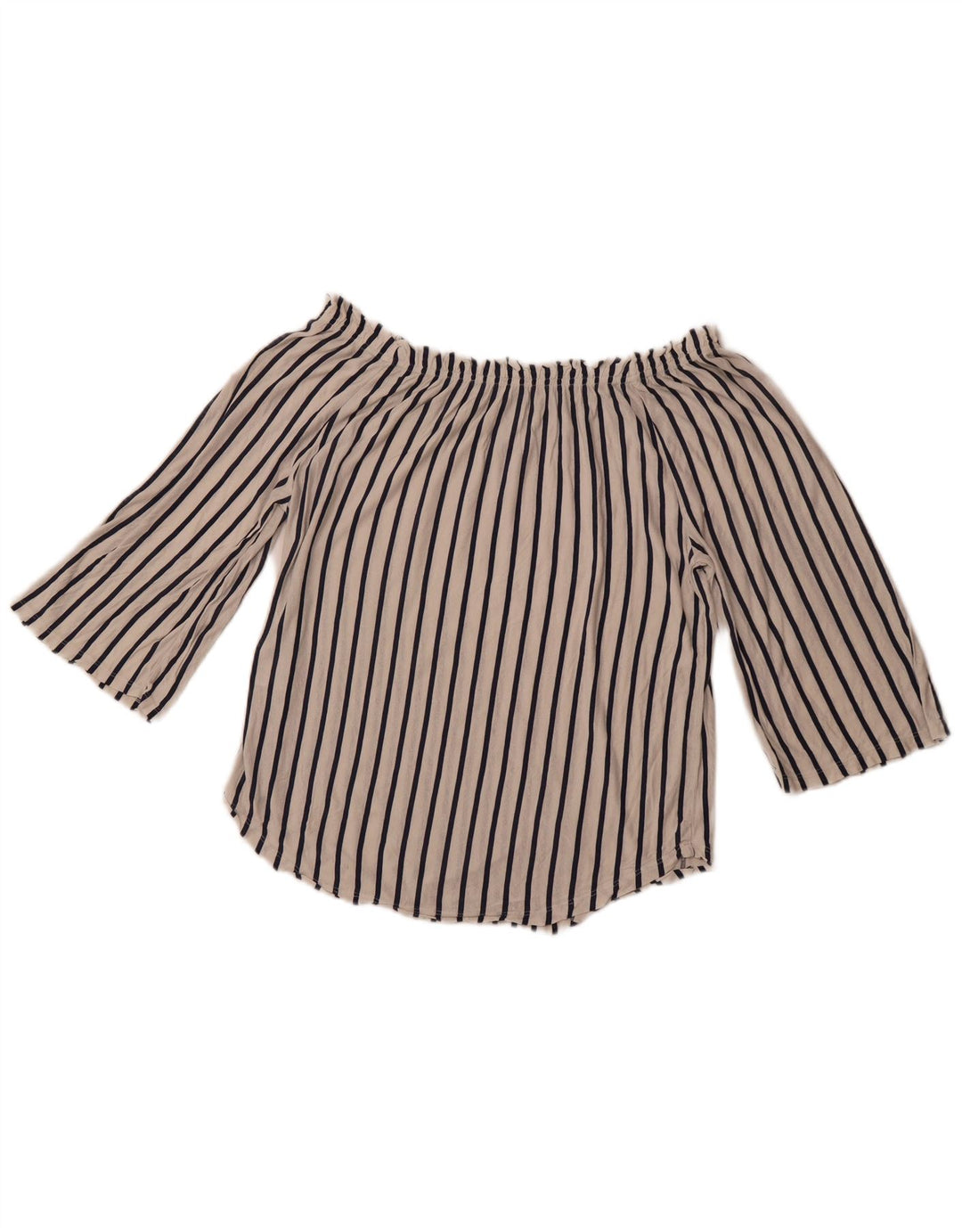 BENETTON Womens 3/4 Sleeve Off Shoulder Top UK 14 Medium White Striped