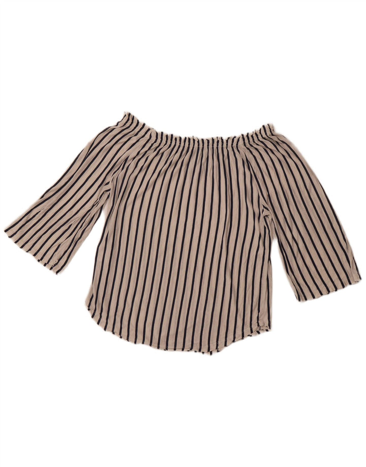 BENETTON Womens 3/4 Sleeve Off Shoulder Top UK 14 Medium White Striped
