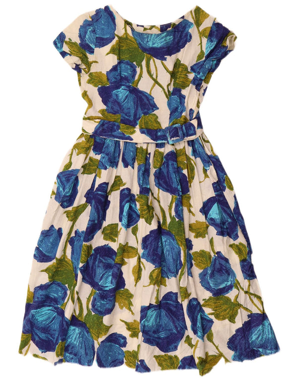 VINTAGE Womens Short Sleeves A-Line Dress UK 12 Medium Blue Floral