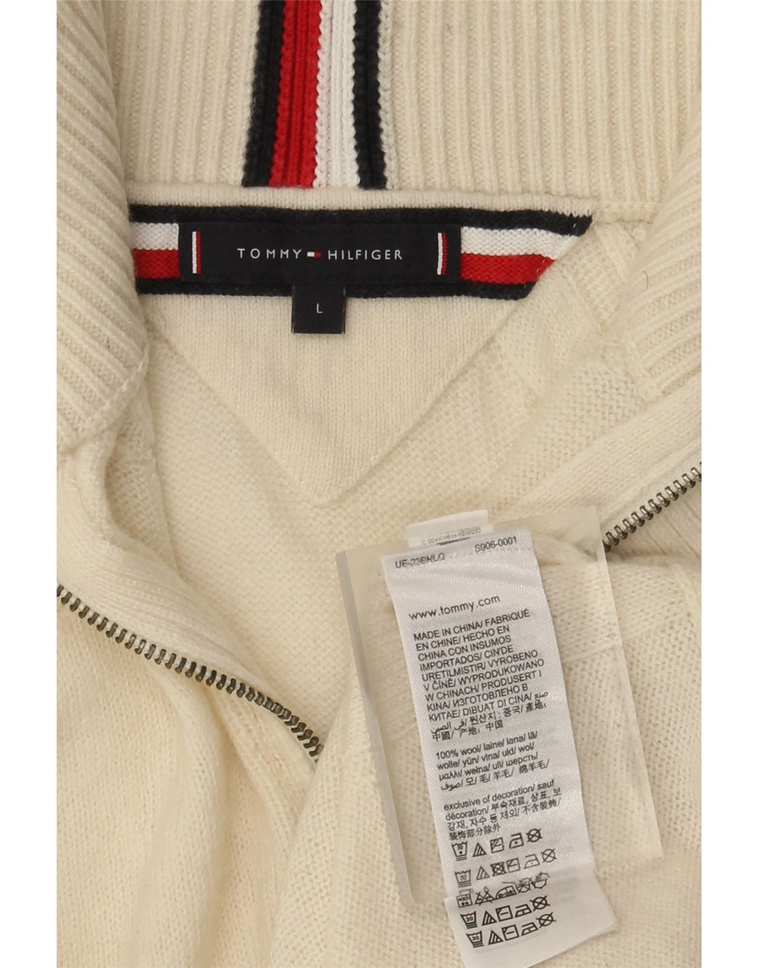 Tommy Hilfiger Mens Zip Neck Jumper Sweater Large Off White Wool