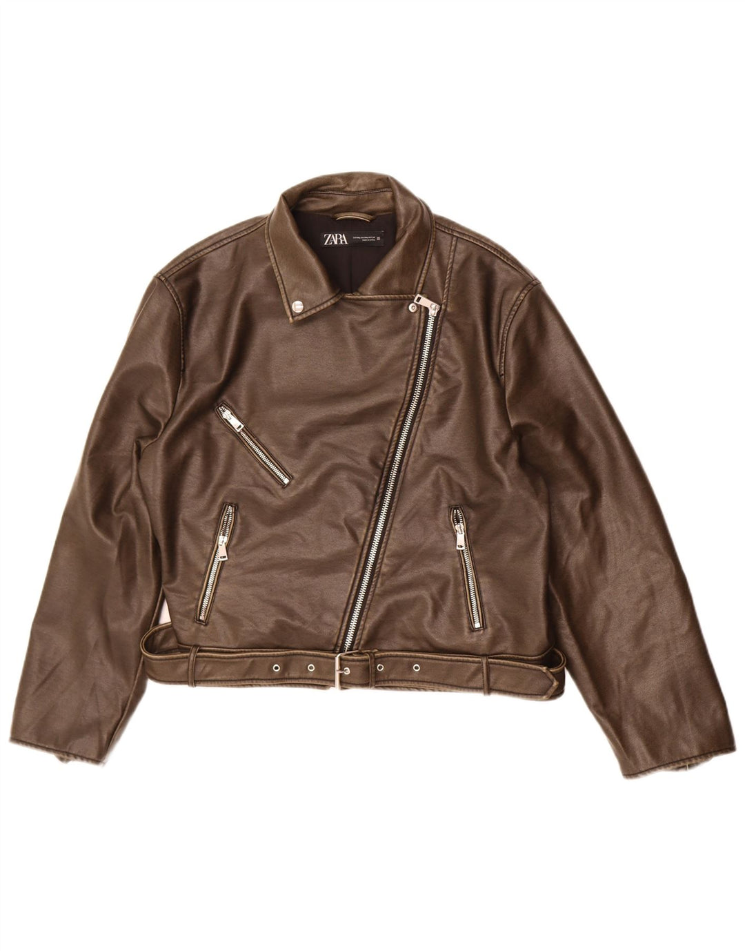 Zara Womens Faux Leather Biker Jacket UK 20 2XL Brown Polyurethane