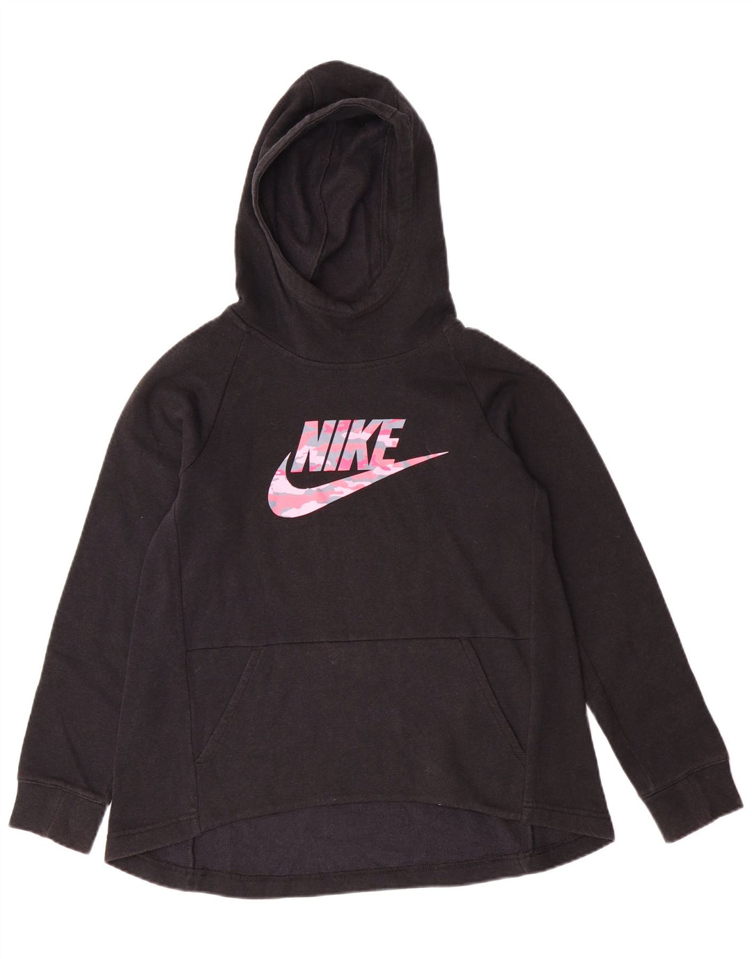 NIKE Girls Graphic Hoodie Jumper 10-11 Years Medium Black Cotton