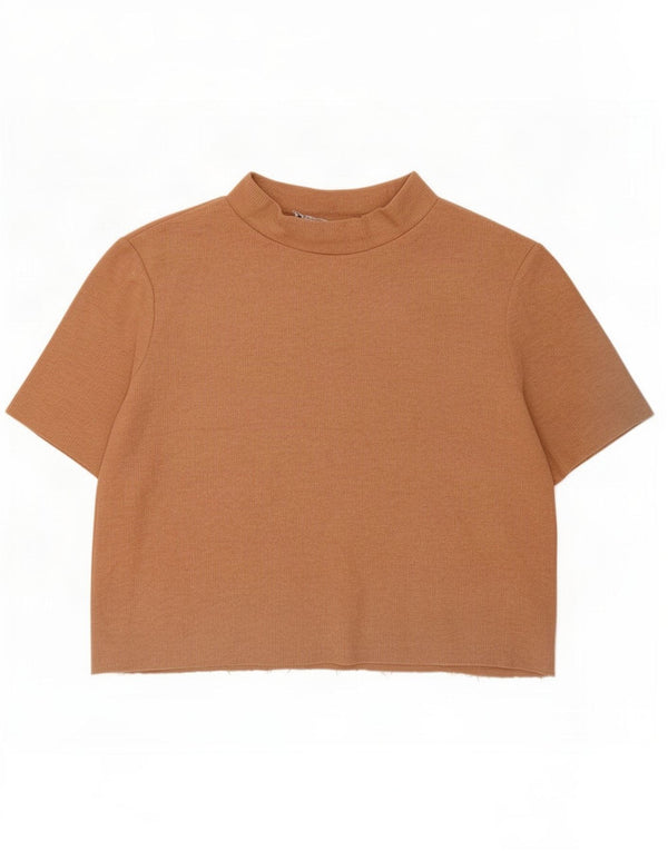 Zara Womens Trafaluc Crop Oversized T-Shirt Top UK 10 Small Brown Cotton